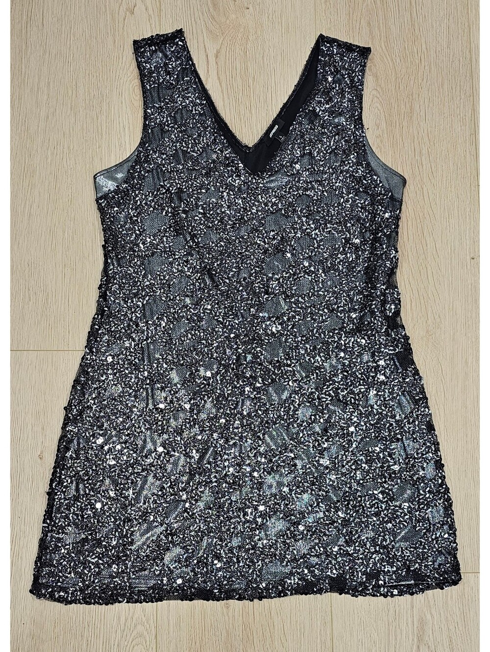 Express Women L Black Silver Metallic Lace Sleeveless V-Neck Party Dress